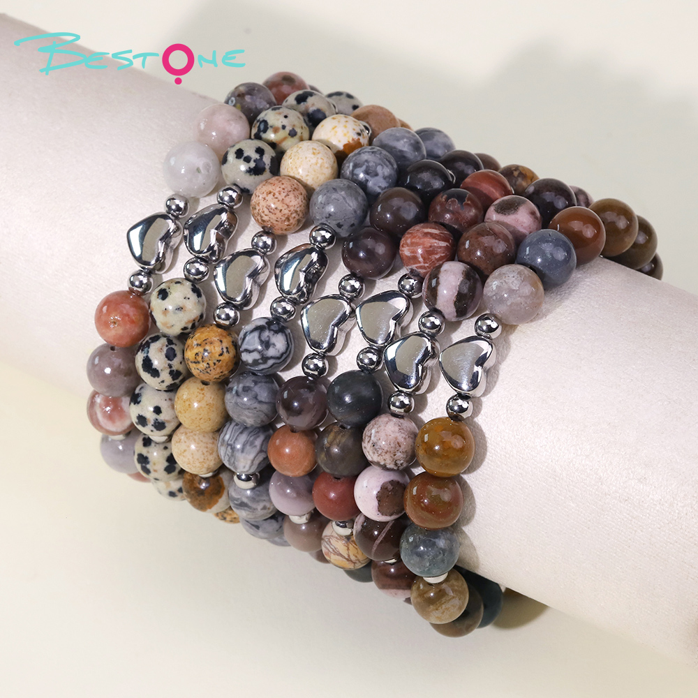 Gemstone Beaded Bracelet with Stainless Steel Heart – 8mm Natural Stone Beads, 18cm Stretch Bracelet for Gifts & Fashion Jewelry