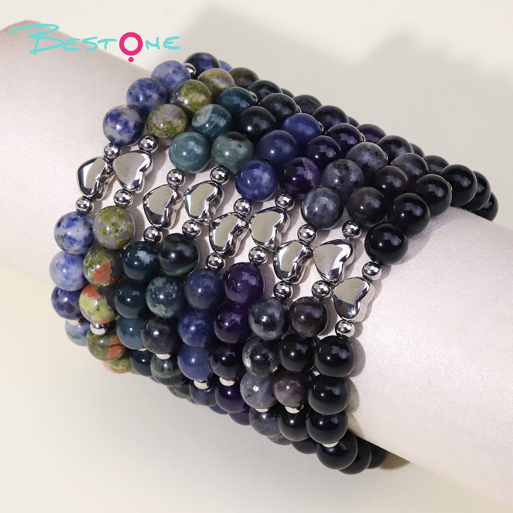 Gemstone Beaded Bracelet with Stainless Steel Heart – 8mm Natural Stone Beads, 18cm Stretch Bracelet for Gifts & Fashion Jewelry