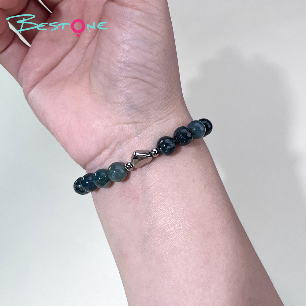 Gemstone Beaded Bracelet with Stainless Steel Heart – 8mm Natural Stone Beads, 18cm Stretch Bracelet for Gifts & Fashion Jewelry
