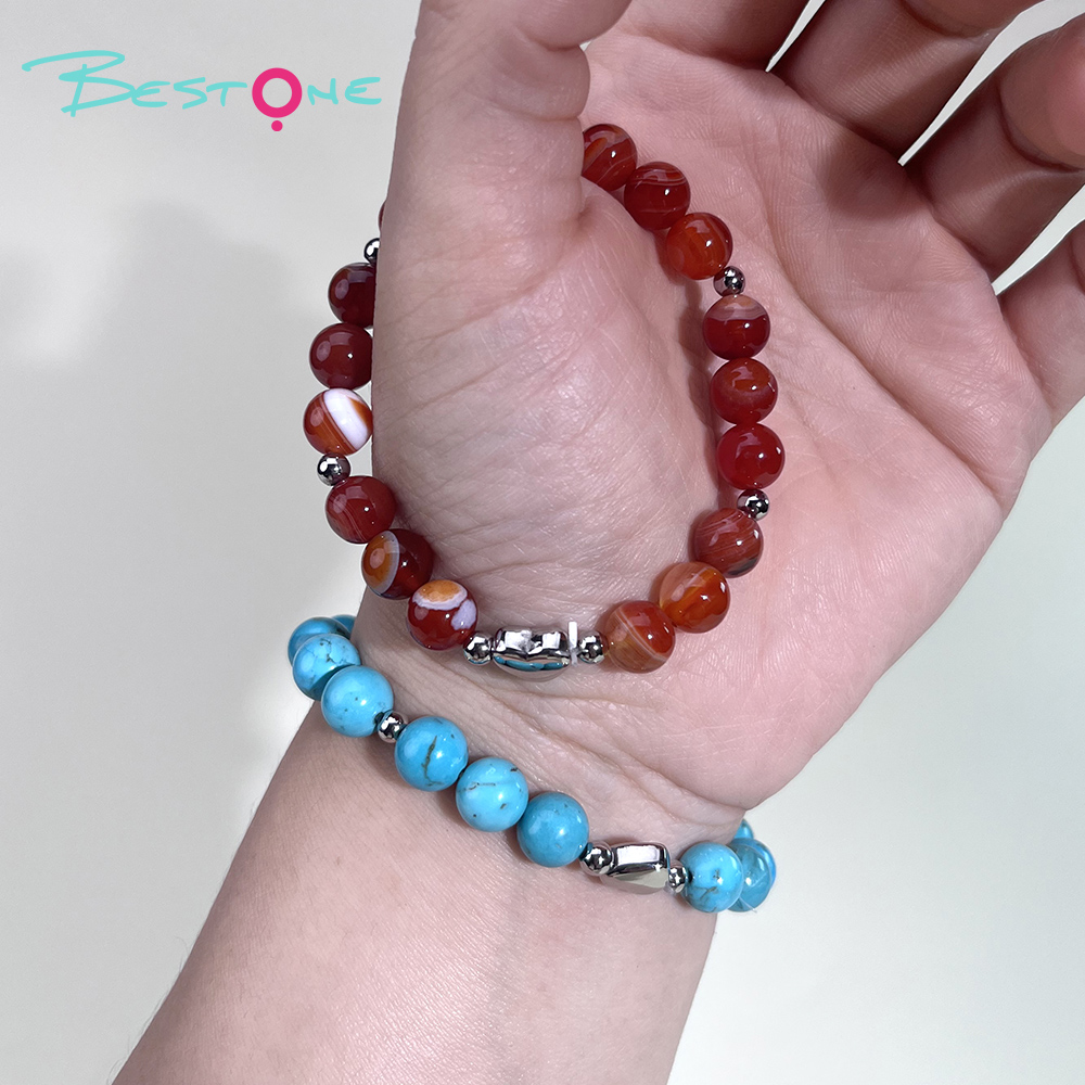 Gemstone Beaded Bracelet with Stainless Steel Heart – 8mm Natural Stone Beads, 18cm Stretch Bracelet for Gifts & Fashion Jewelry