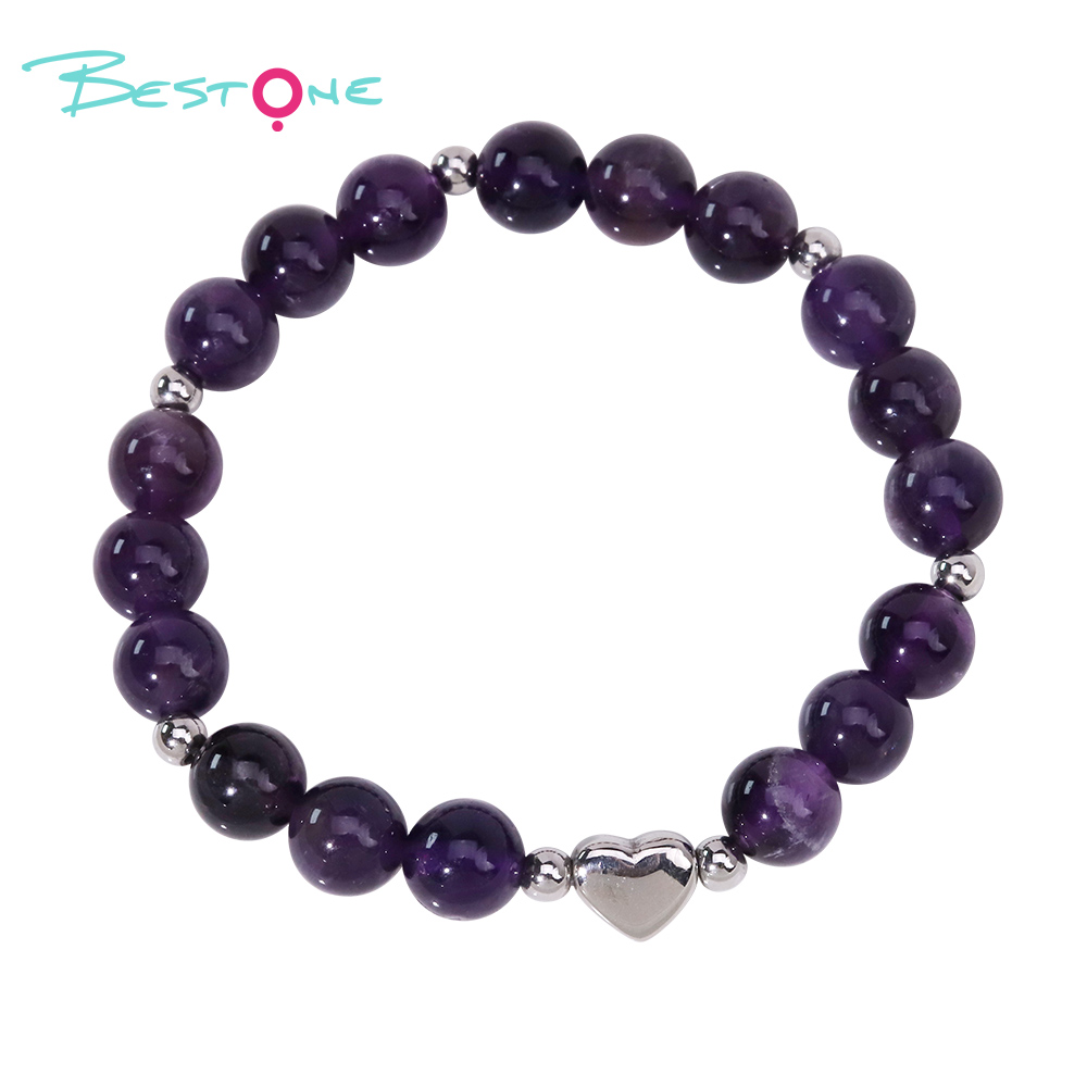 Gemstone Beaded Bracelet with Stainless Steel Heart – 8mm Natural Stone Beads, 18cm Stretch Bracelet for Gifts & Fashion Jewelry
