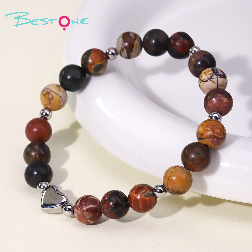 Gemstone Beaded Bracelet with Stainless Steel Heart – 8mm Natural Stone Beads, 18cm Stretch Bracelet for Gifts & Fashion Jewelry