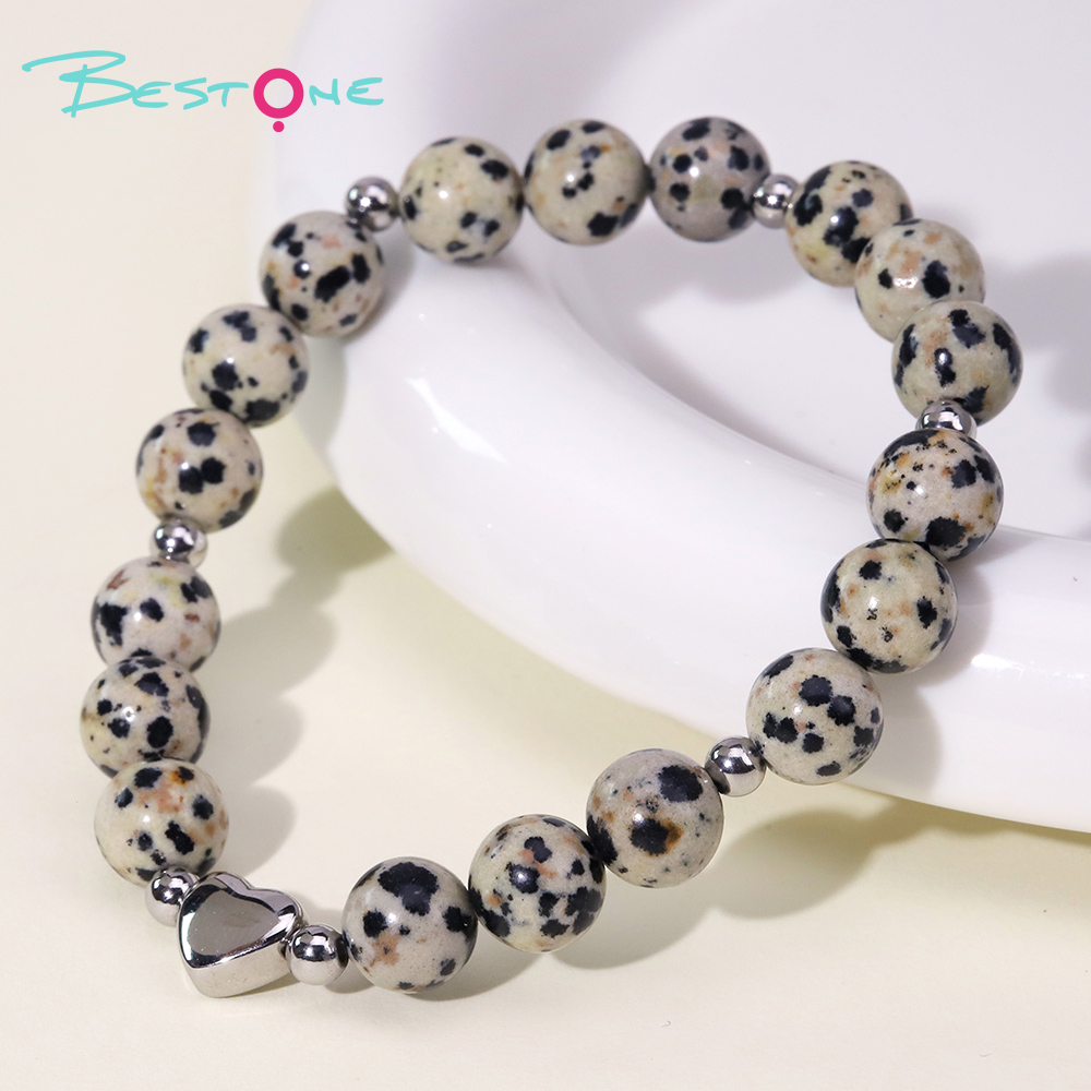 Gemstone Beaded Bracelet with Stainless Steel Heart – 8mm Natural Stone Beads, 18cm Stretch Bracelet for Gifts & Fashion Jewelry