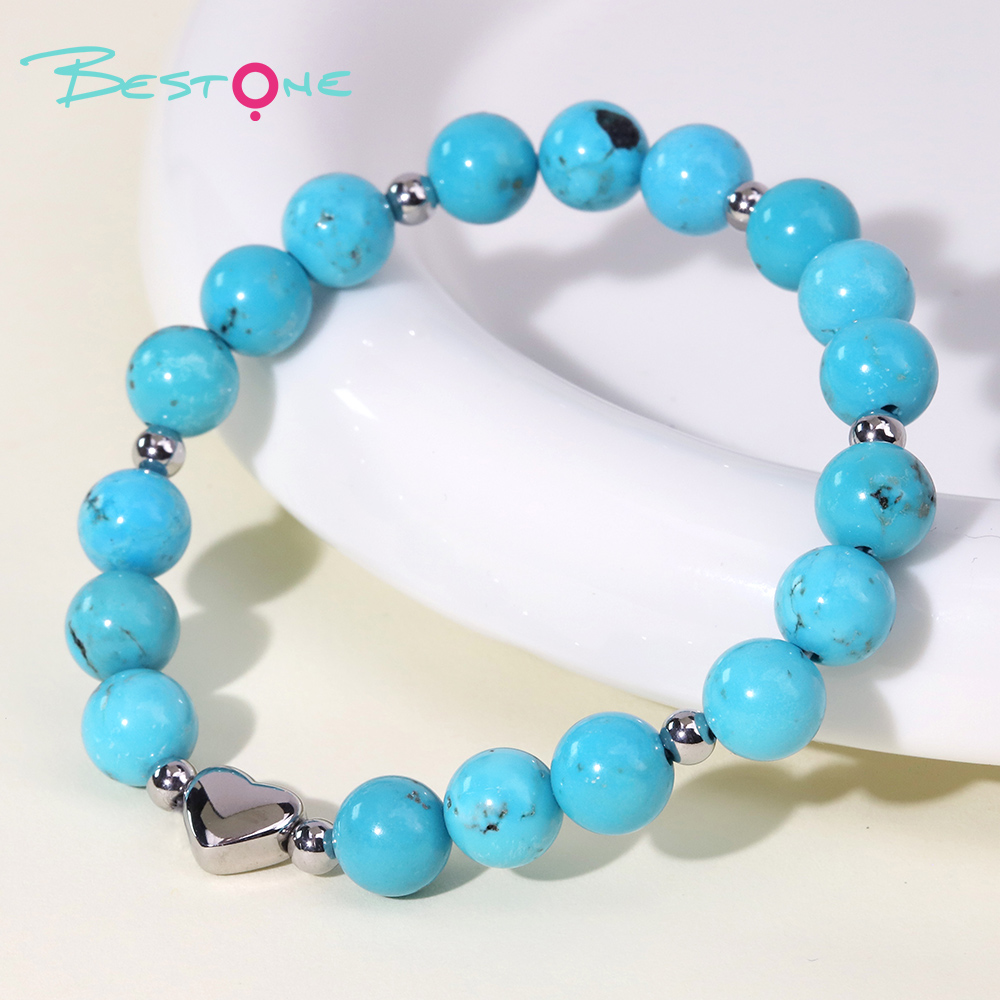Gemstone Beaded Bracelet with Stainless Steel Heart – 8mm Natural Stone Beads, 18cm Stretch Bracelet for Gifts & Fashion Jewelry