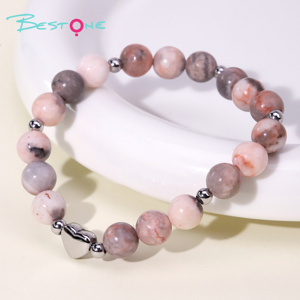 Gemstone Beaded Bracelet with Stainless Steel Heart – 8mm Natural Stone Beads, 18cm Stretch Bracelet for Gifts & Fashion Jewelry