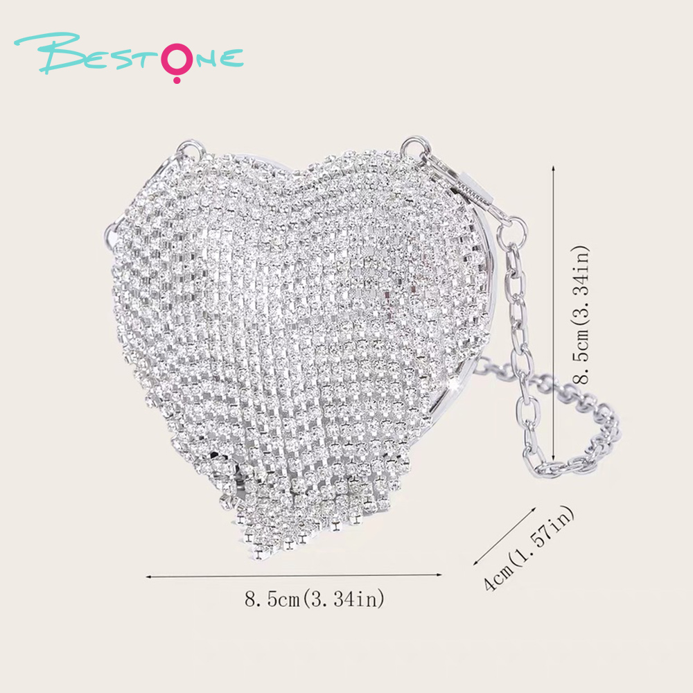 Rhinestone Heart Magnetic Alloy Handbag with Tassel – Mini Elegant Purse for Party & Gift (Gold / Silver)
