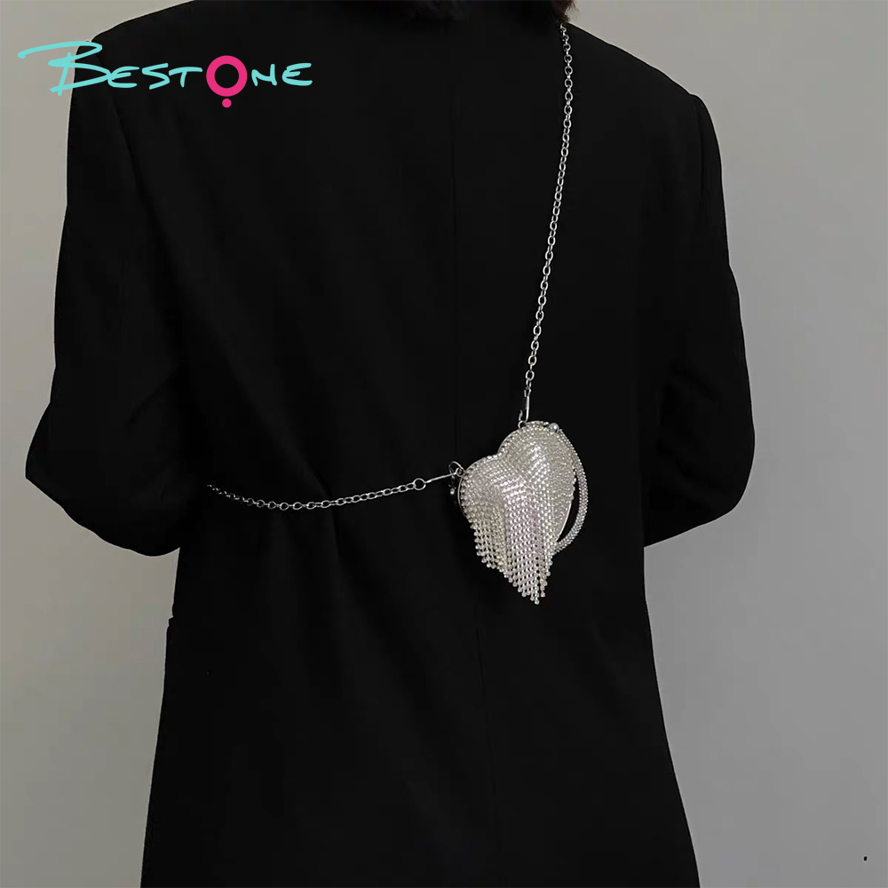 Rhinestone Heart Magnetic Alloy Handbag with Tassel – Mini Elegant Purse for Party & Gift (Gold / Silver)