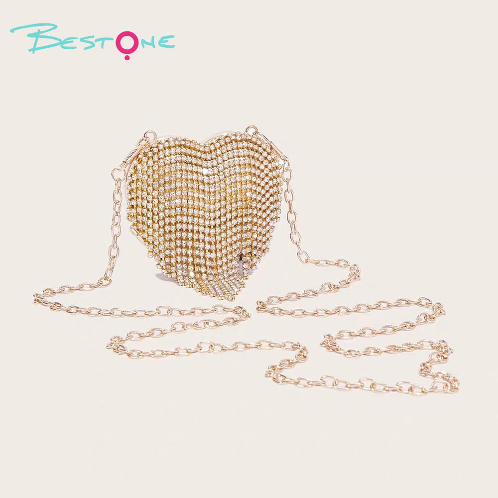 Rhinestone Heart Magnetic Alloy Handbag with Tassel – Mini Elegant Purse for Party & Gift (Gold / Silver)