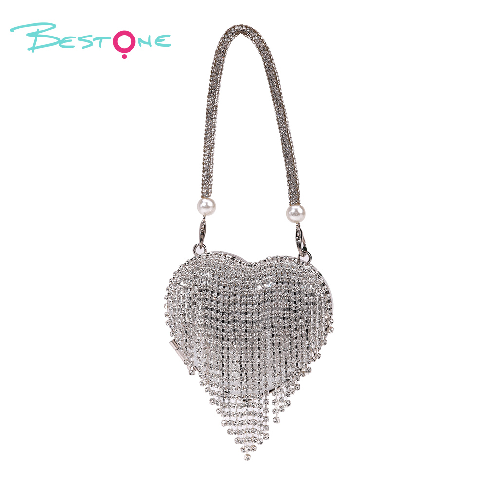 Rhinestone Heart Magnetic Alloy Handbag with Tassel – Mini Elegant Purse for Party & Gift (Gold / Silver)