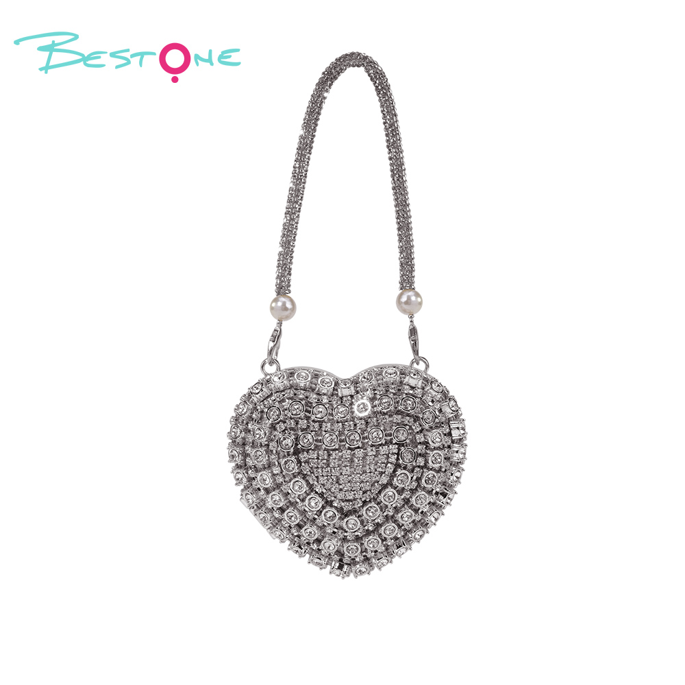 Rhinestone Heart Magnetic Alloy Handbag with Tassel – Mini Elegant Purse for Party & Gift (Gold / Silver)