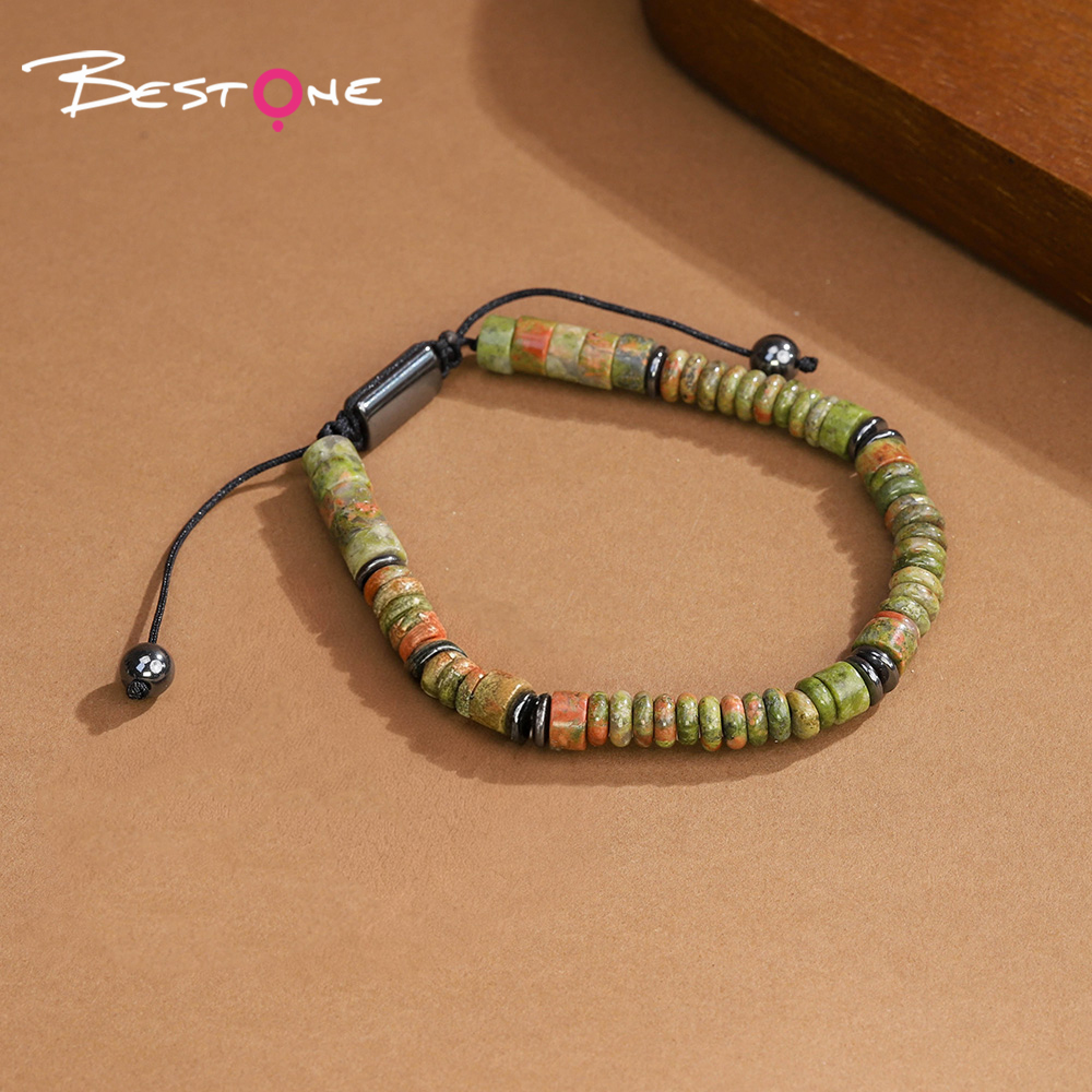 Natural Stone Adjustable Bracelet – Cylinder & Spacer Beads with Iron Stone Accents (Green Aventurine, Obsidian, Lapis, Tiger Eye, and More)