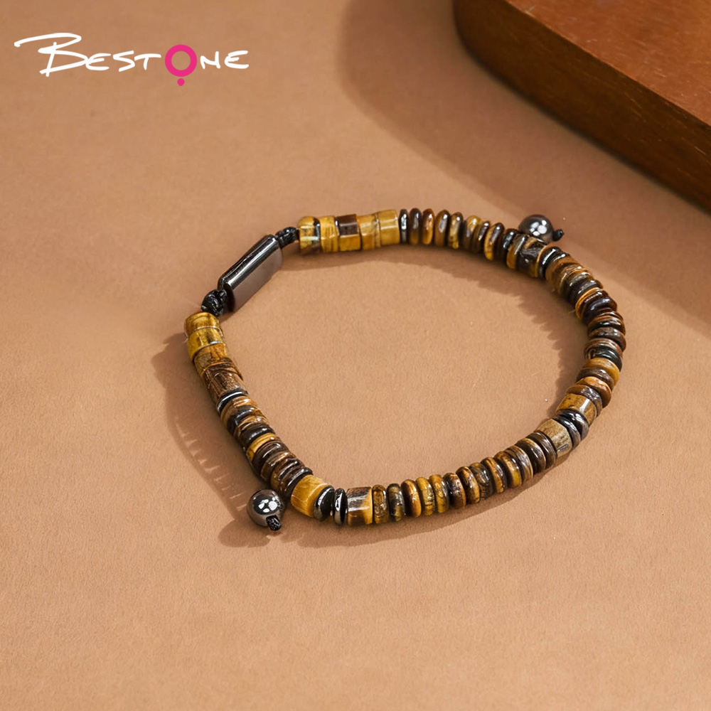 Natural Stone Adjustable Bracelet – Cylinder & Spacer Beads with Iron Stone Accents (Green Aventurine, Obsidian, Lapis, Tiger Eye, and More)