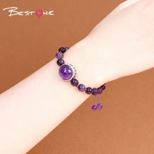 Natural Stone Bracelet with Lotus Base Pendant – 8mm Gemstone Beads & Woven Cord (Crystal, Amethyst, Obsidian, Aventurine, Tiger Eye)