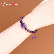 Natural Stone Bracelet with Lotus Base Pendant – 8mm Gemstone Beads & Woven Cord (Crystal, Amethyst, Obsidian, Aventurine, Tiger Eye)