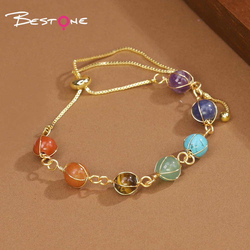 8mm Natural Stone Bead Bracelet with Metal Chain – Amethyst, Green Agate, Opal, Red Agate, Sparkling Stone, Strawberry Quartz, Multi-Color