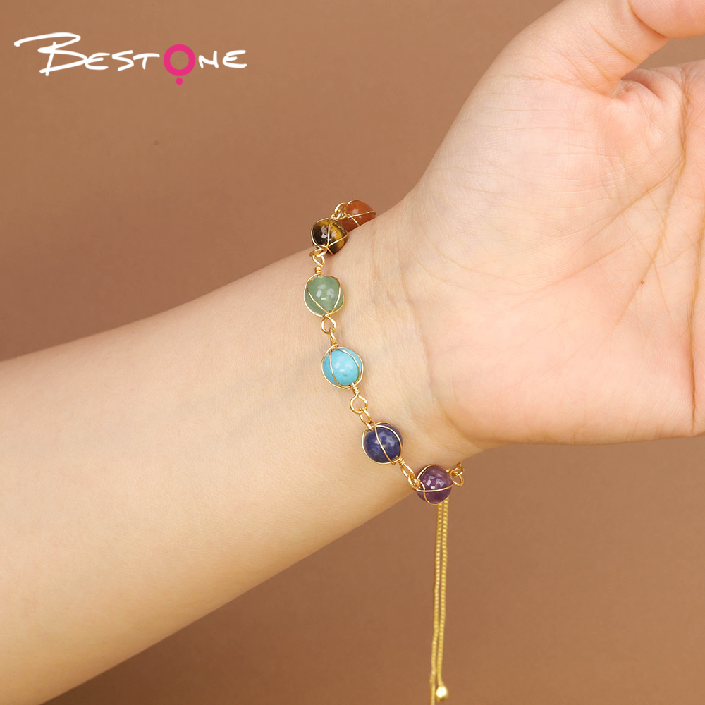 8mm Natural Stone Bead Bracelet with Metal Chain – Amethyst, Green Agate, Opal, Red Agate, Sparkling Stone, Strawberry Quartz, Multi-Color