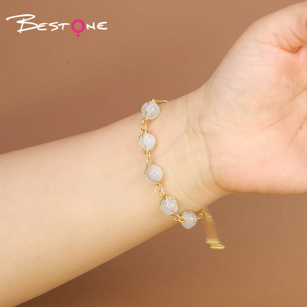 8mm Natural Stone Bead Bracelet with Metal Chain – Amethyst, Green Agate, Opal, Red Agate, Sparkling Stone, Strawberry Quartz, Multi-Color