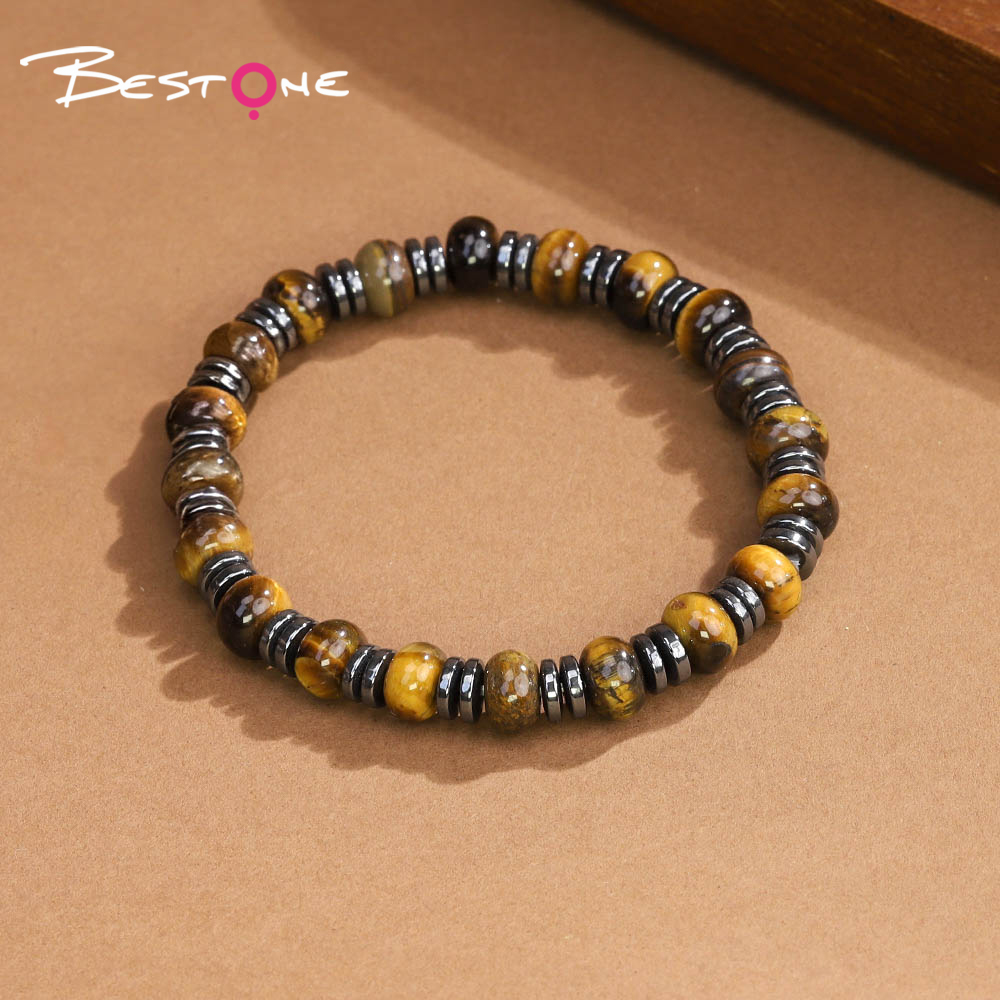 8mm Natural Stone Abacus Bead Bracelet with Iron Beads – Lapis, Amethyst, Tiger Eye, Red Stone, Rose Quartz, Red Aventurine, Rainbow Beads