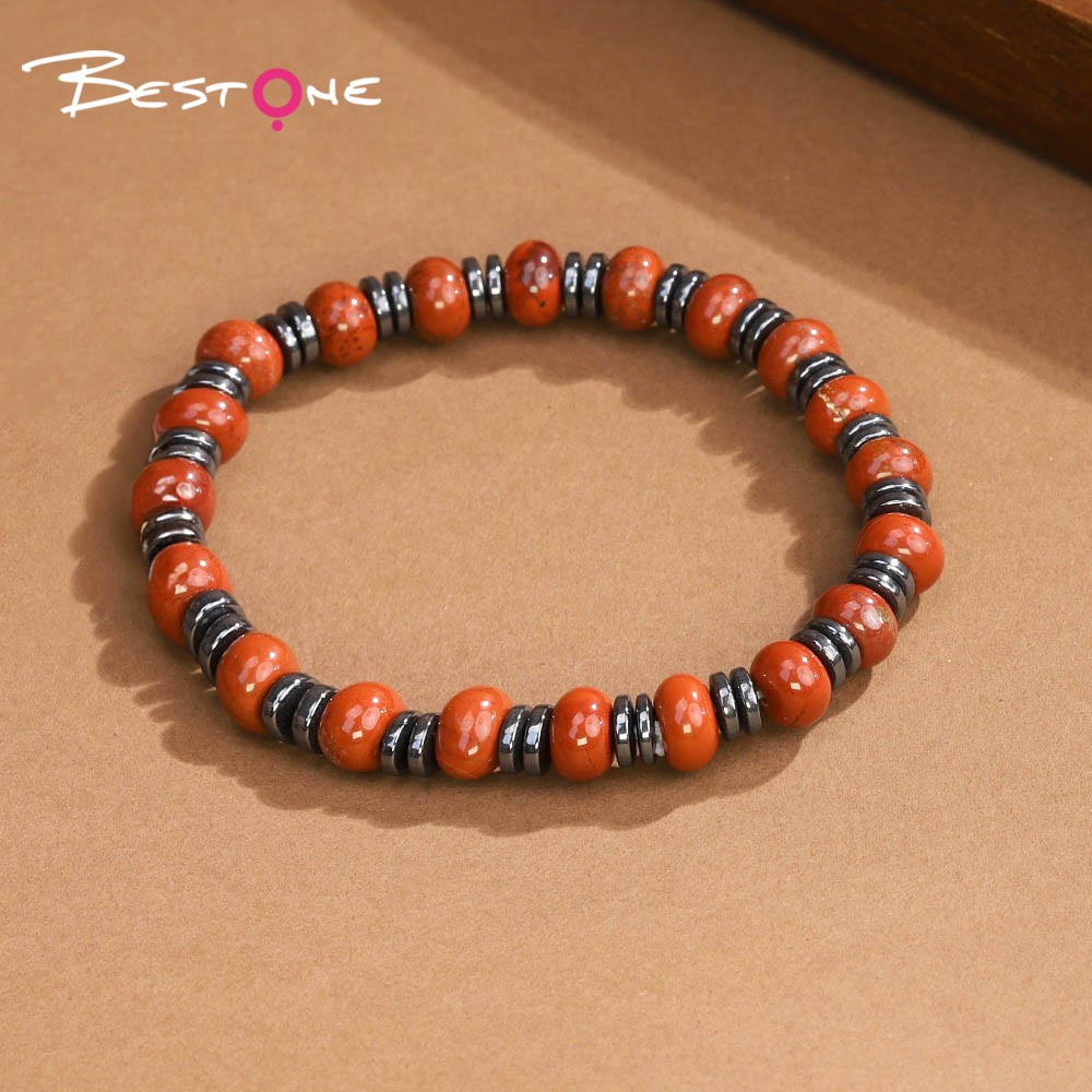 8mm Natural Stone Abacus Bead Bracelet with Iron Beads – Lapis, Amethyst, Tiger Eye, Red Stone, Rose Quartz, Red Aventurine, Rainbow Beads