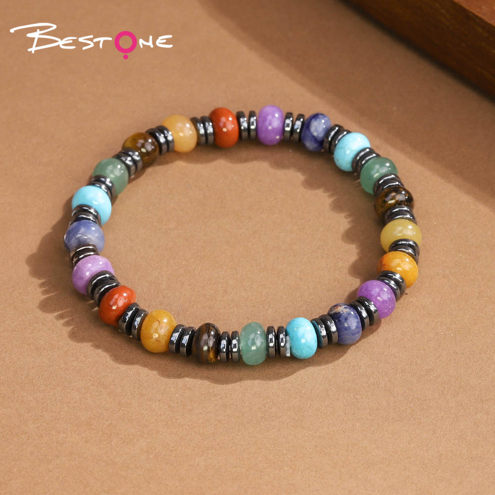 8mm Natural Stone Abacus Bead Bracelet with Iron Beads – Lapis, Amethyst, Tiger Eye, Red Stone, Rose Quartz, Red Aventurine, Rainbow Beads