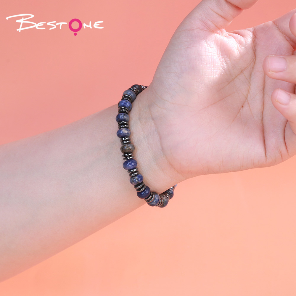 8mm Natural Stone Abacus Bead Bracelet with Iron Beads – Lapis, Amethyst, Tiger Eye, Red Stone, Rose Quartz, Red Aventurine, Rainbow Beads