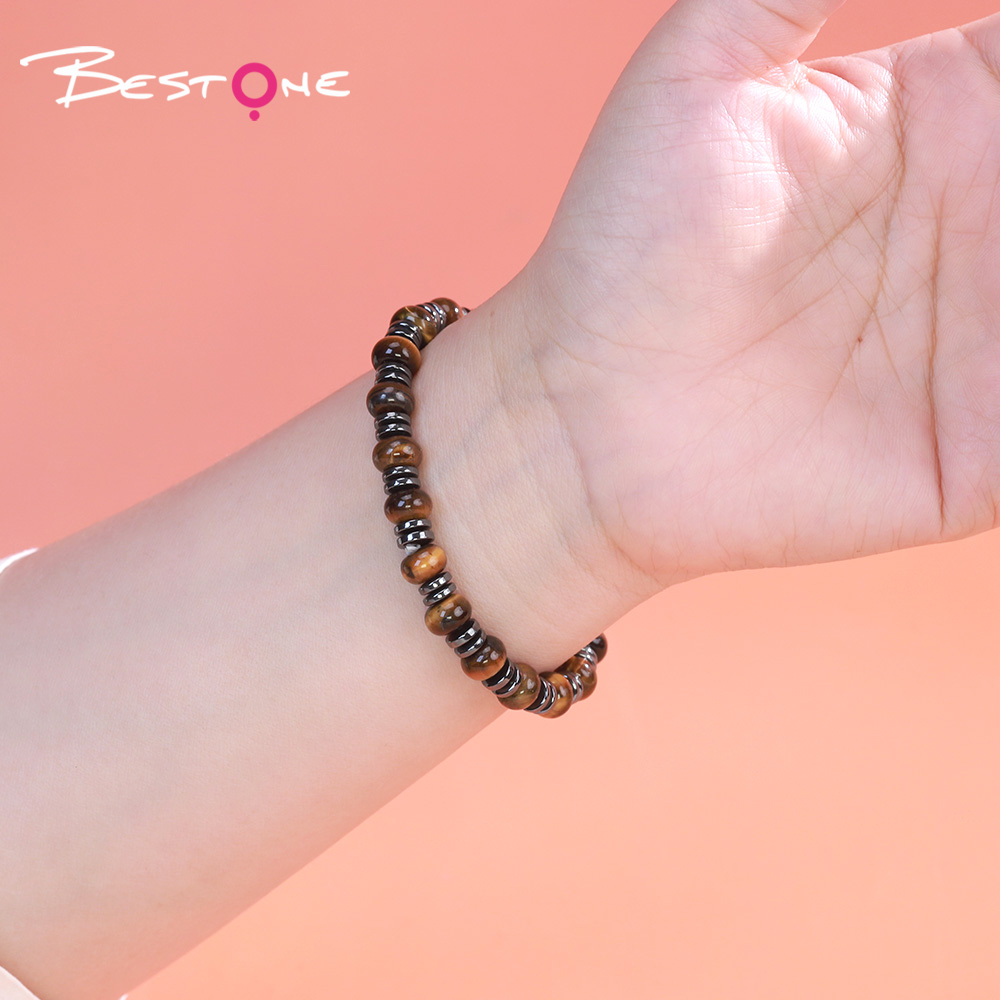 8mm Natural Stone Abacus Bead Bracelet with Iron Beads – Lapis, Amethyst, Tiger Eye, Red Stone, Rose Quartz, Red Aventurine, Rainbow Beads