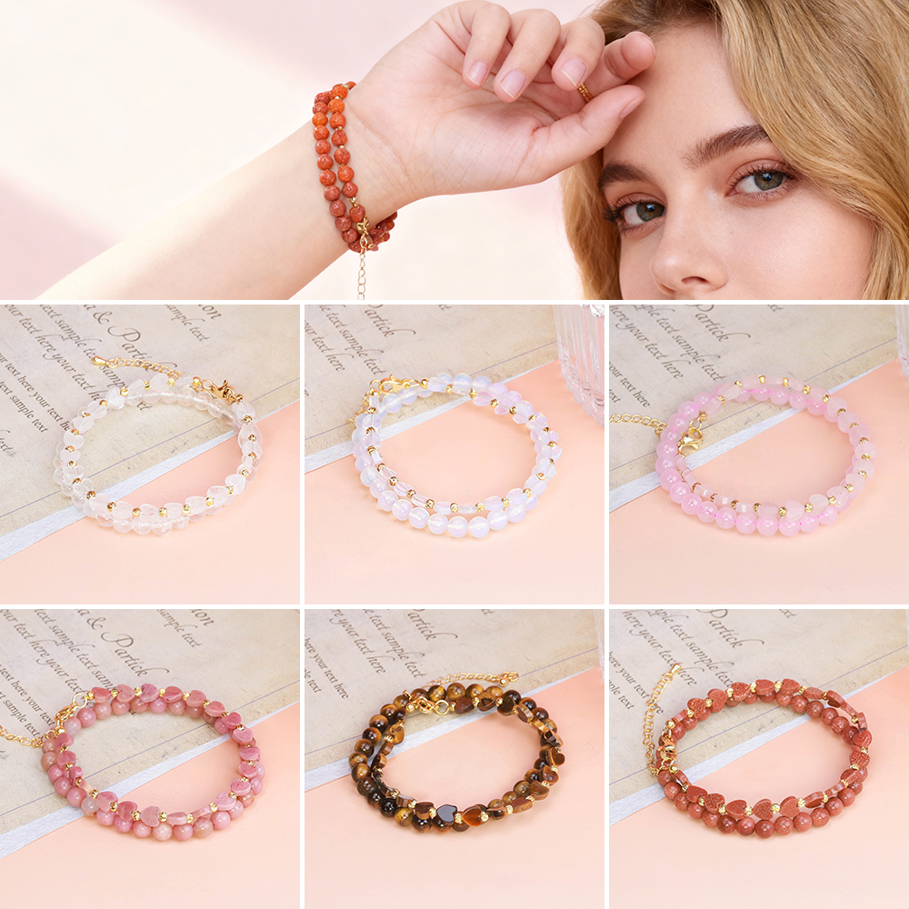 Double-Layer Heart Beaded Bracelet – White Crystal, Opal, Rose Quartz, Red Jasper, Tiger Eye, Amazonite & More – Adjustable Lobster Clasp Double-Layer Heart Beaded Bracelet – White Crystal, Opal, Rose Quartz, Red Jasper, Tiger Eye, Amazonite & More – Adjustable Lobster Clasp