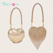 Mini Rhinestone Heart Tassel Handbag – Alloy Magnetic Clasp, 9×9cm, Gold/Silver