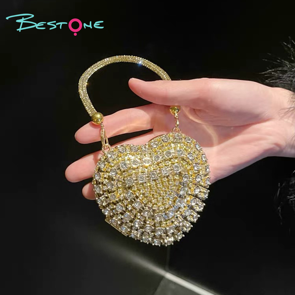 Mini Rhinestone Heart Tassel Handbag – Alloy Magnetic Clasp, 9×9cm, Gold/Silver