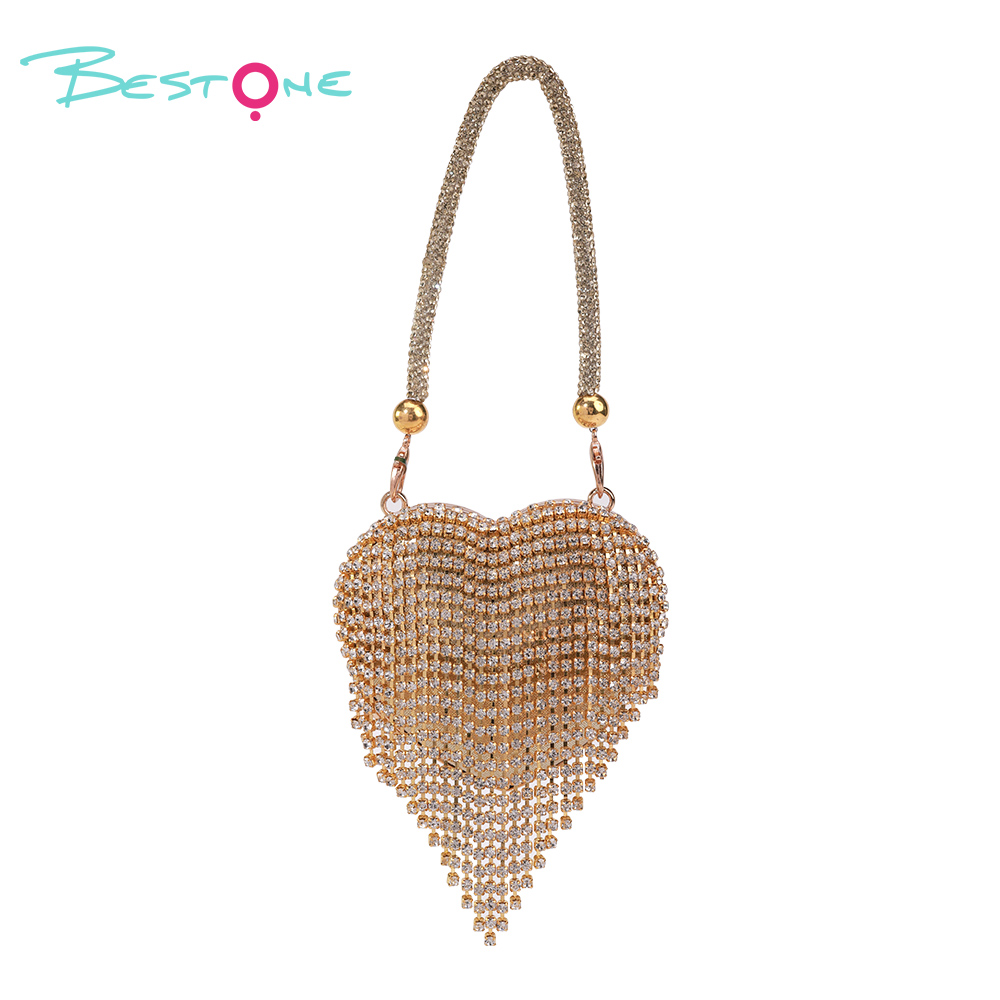 Mini Rhinestone Heart Tassel Handbag – Alloy Magnetic Clasp, 9×9cm, Gold/Silver