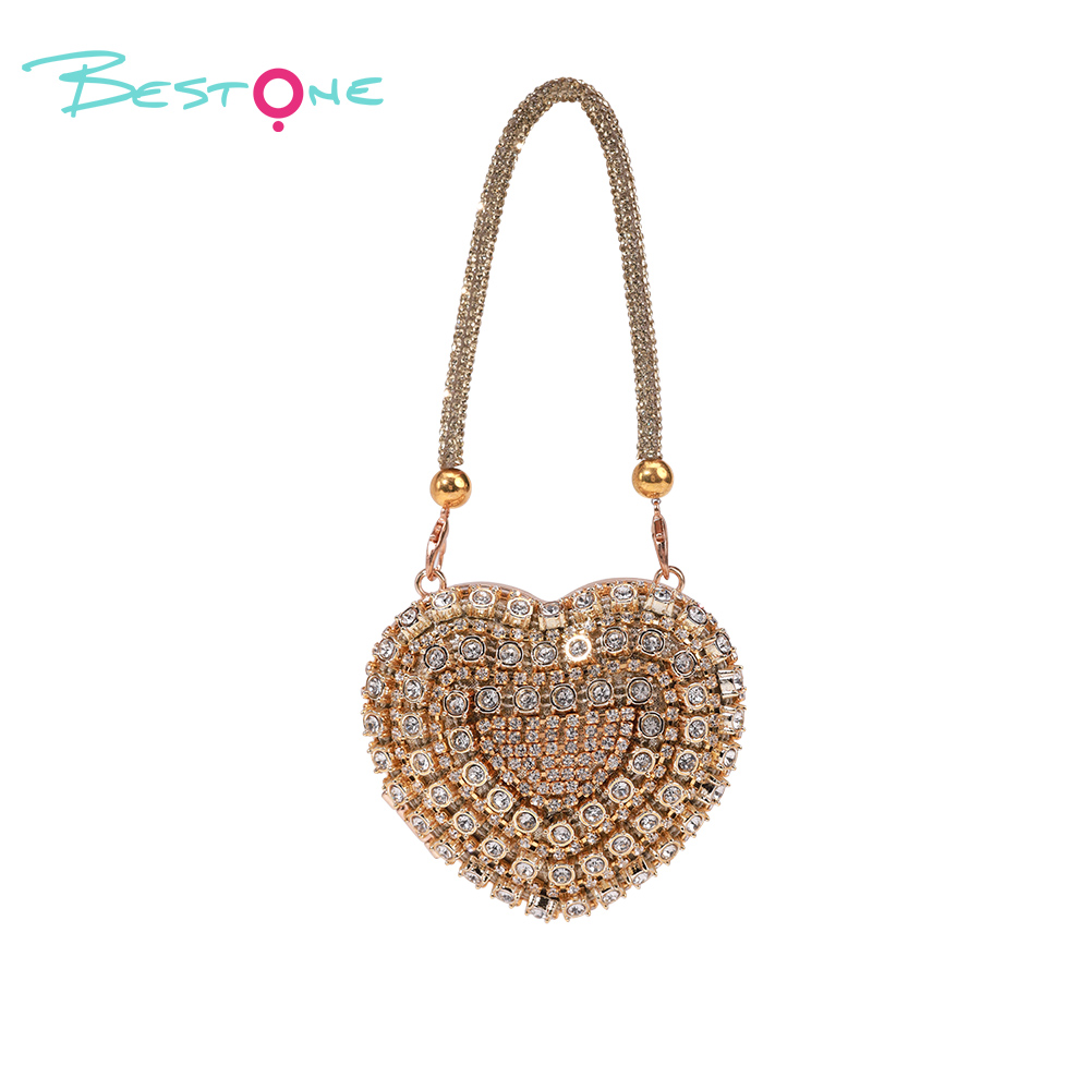 Mini Rhinestone Heart Tassel Handbag – Alloy Magnetic Clasp, 9×9cm, Gold/Silver