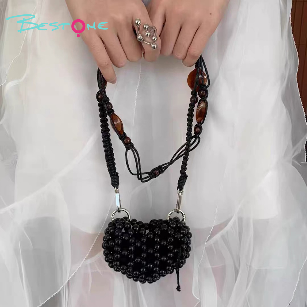 Acrylic Heart Bead Crossbody Bag – Round Beads, 11×10cm, Brown/Black, 110cm Strap