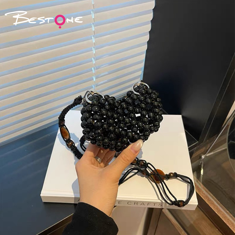 Acrylic Heart Bead Crossbody Bag – Round Beads, 11×10cm, Brown/Black, 110cm Strap