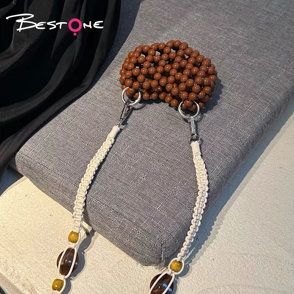 Acrylic Heart Bead Crossbody Bag – Round Beads, 11×10cm, Brown/Black, 110cm Strap