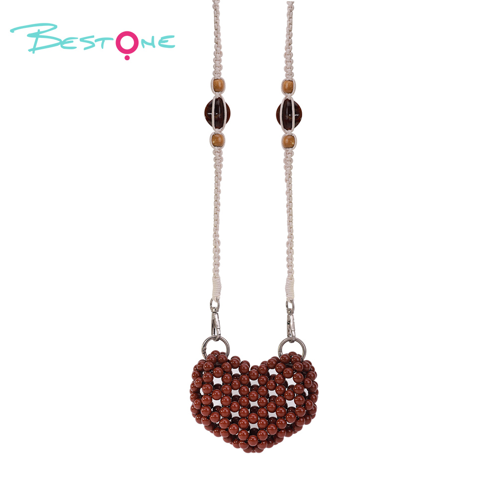 Acrylic Heart Bead Crossbody Bag – Round Beads, 11×10cm, Brown/Black, 110cm Strap
