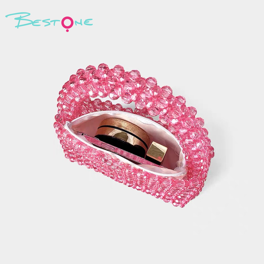 Fuchsia Acrylic Beaded Top Handle Bag – Rectangular, Faceted Round Beads, 10×7.5×19cm