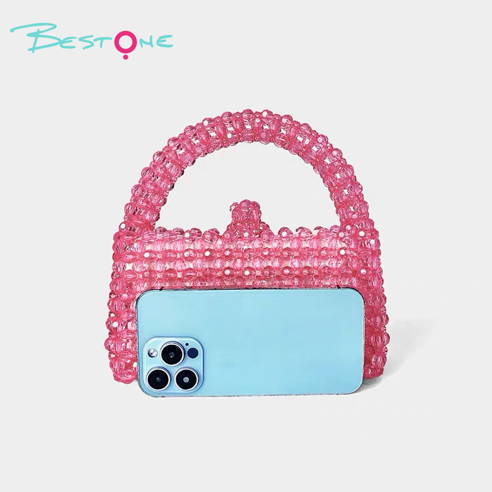 Fuchsia Acrylic Beaded Top Handle Bag – Rectangular, Faceted Round Beads, 10×7.5×19cm