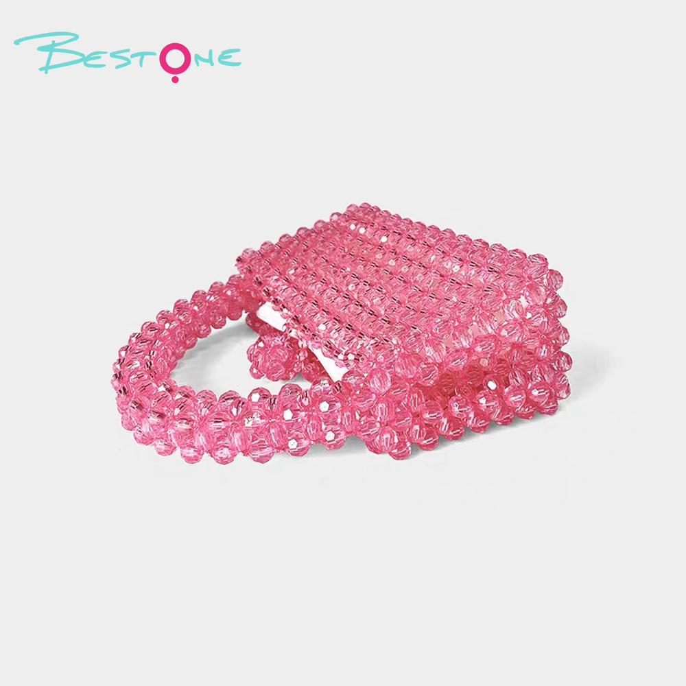 Fuchsia Acrylic Beaded Top Handle Bag – Rectangular, Faceted Round Beads, 10×7.5×19cm