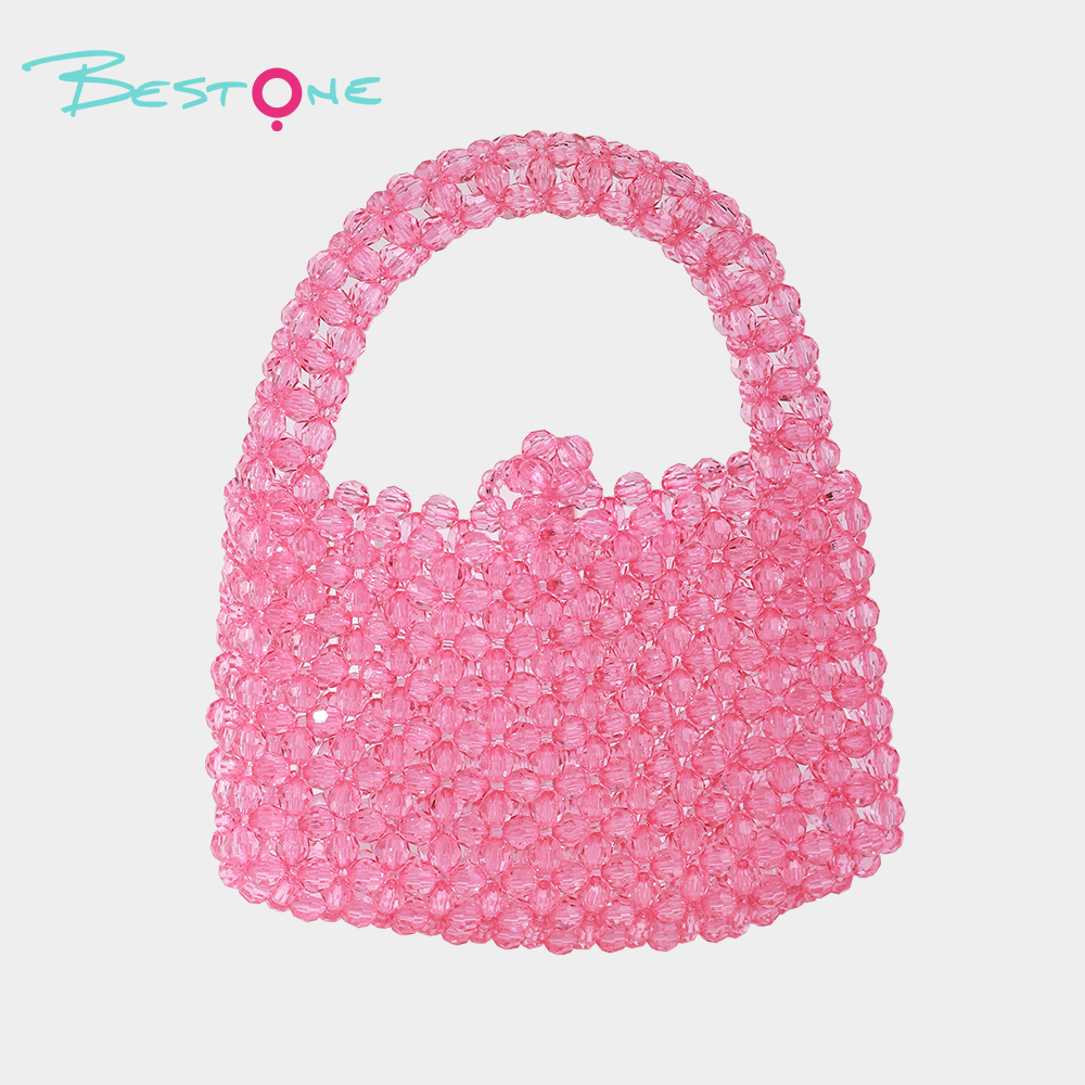 Fuchsia Acrylic Beaded Top Handle Bag – Rectangular, Faceted Round Beads, 10×7.5×19cm