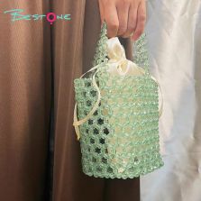Acrylic Beaded Bucket Bag – Faceted Beads, 18×15cm, Green/Purple Top Handle Purse