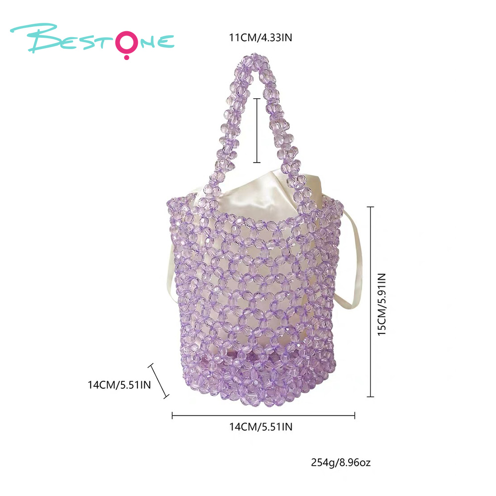 Acrylic Beaded Bucket Bag – Faceted Beads, 18×15cm, Green/Purple Top Handle Purse
