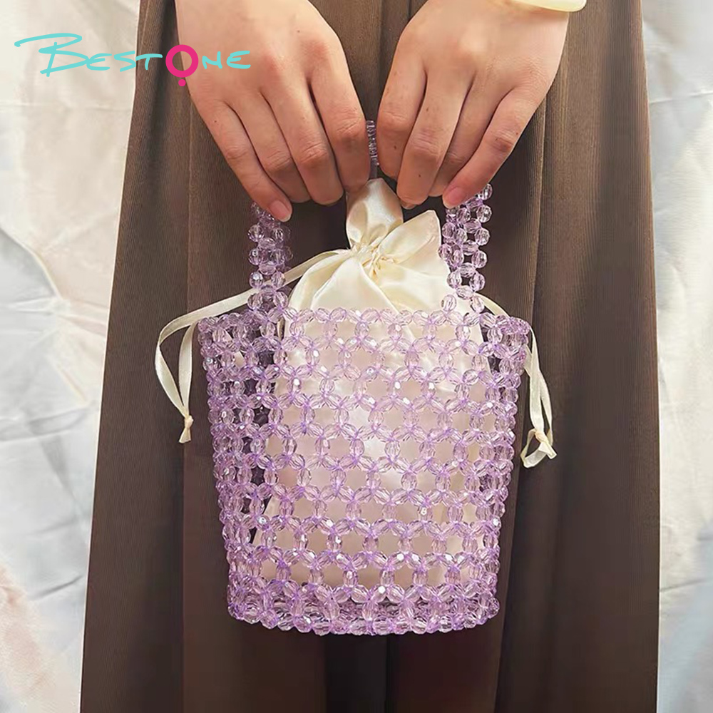 Acrylic Beaded Bucket Bag – Faceted Beads, 18×15cm, Green/Purple Top Handle Purse