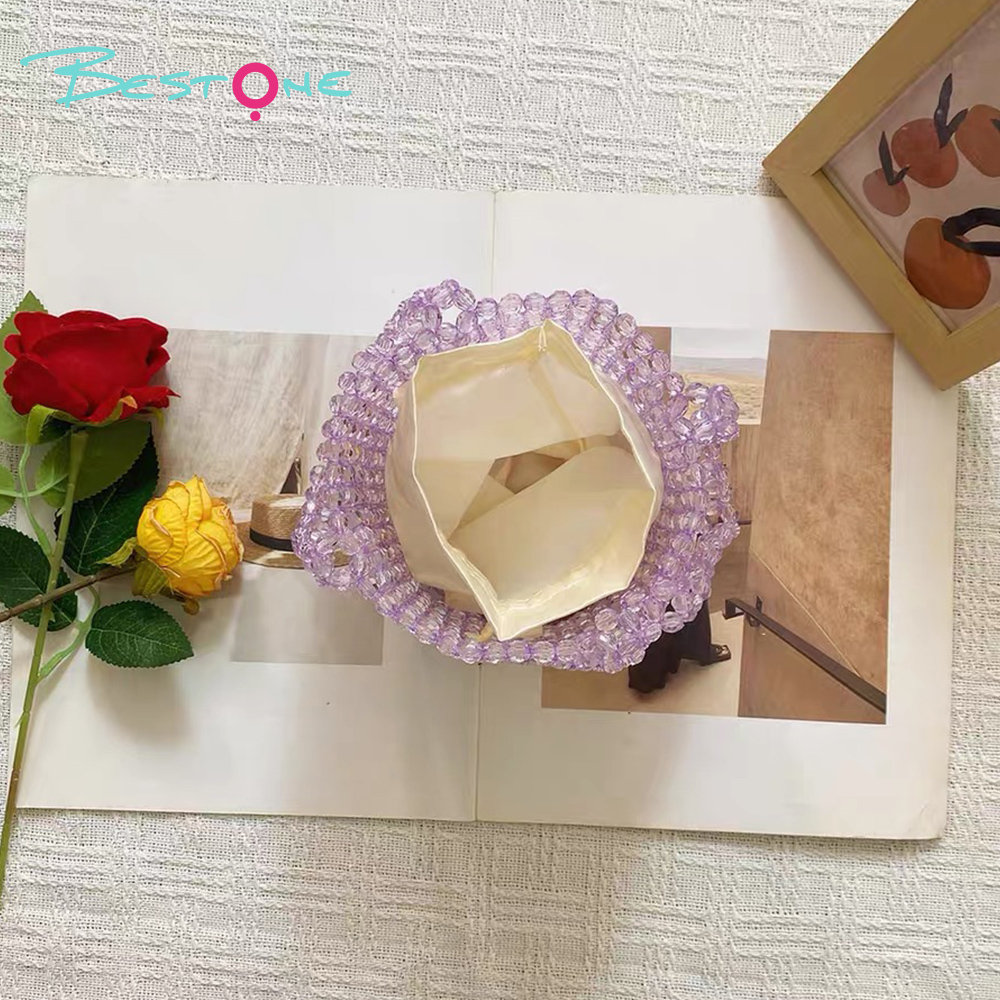 Acrylic Beaded Bucket Bag – Faceted Beads, 18×15cm, Green/Purple Top Handle Purse