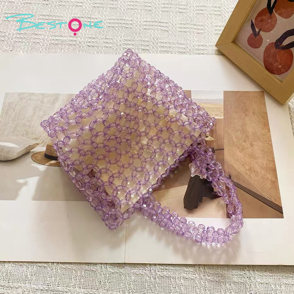 Acrylic Beaded Bucket Bag – Faceted Beads, 18×15cm, Green/Purple Top Handle Purse