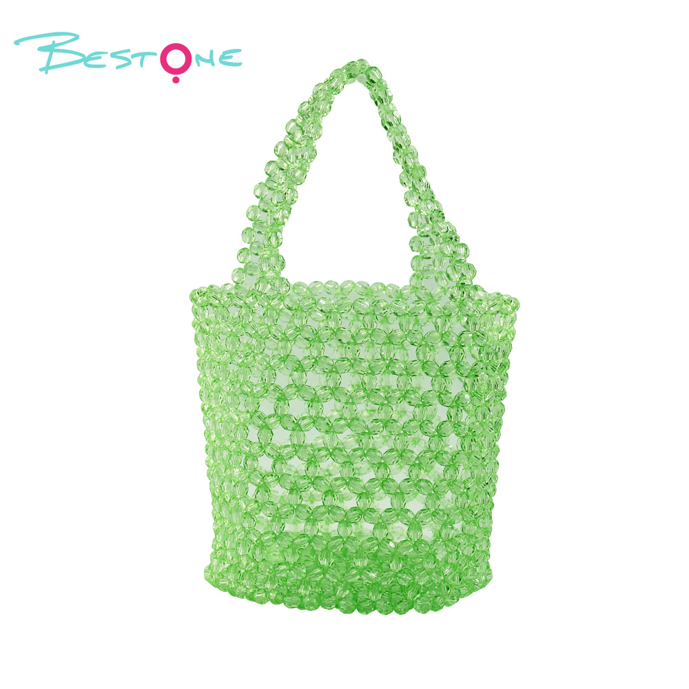 Acrylic Beaded Bucket Bag – Faceted Beads, 18×15cm, Green/Purple Top Handle Purse