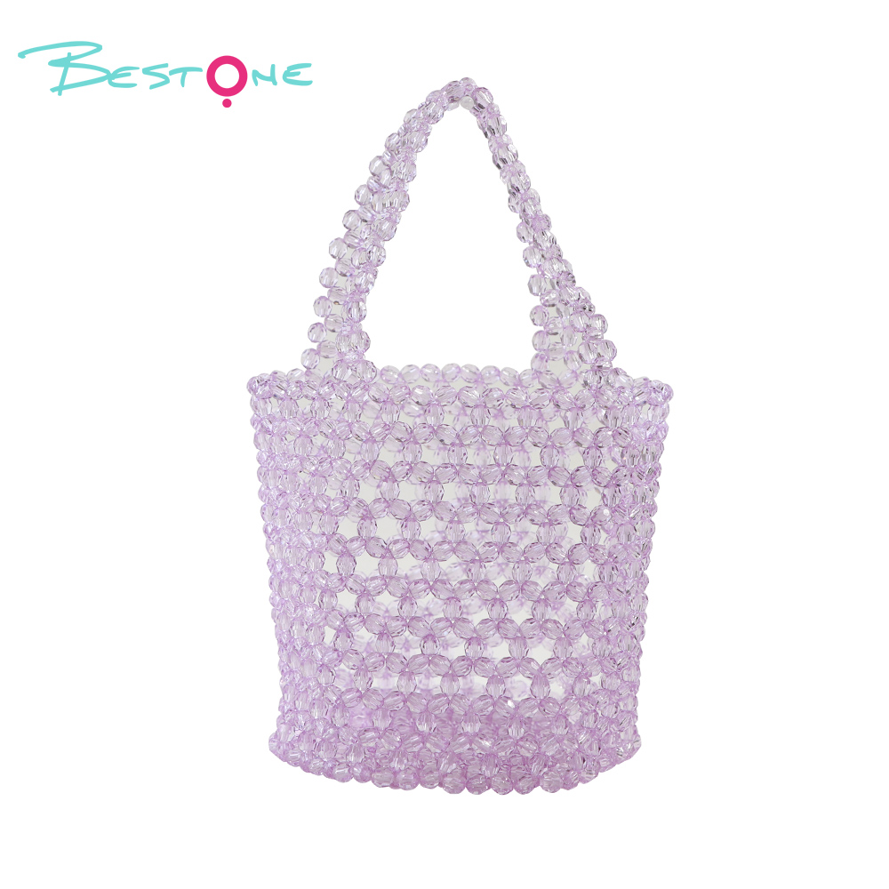 Acrylic Beaded Bucket Bag – Faceted Beads, 18×15cm, Green/Purple Top Handle Purse