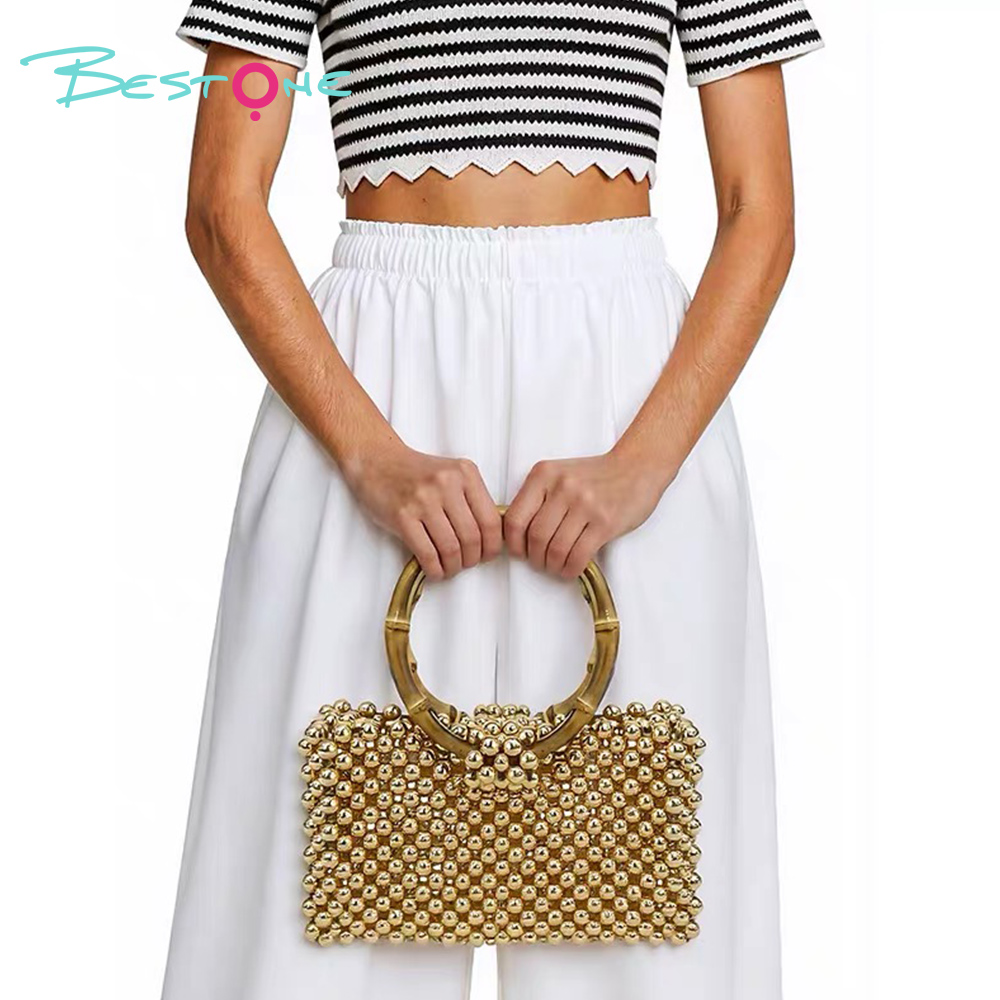 Beaded Top Handle & Crossbody Bag – Rectangular, Acrylic/Faux Pearl Beads, 20–20.5×6–8×11–12cm, Multi Colors