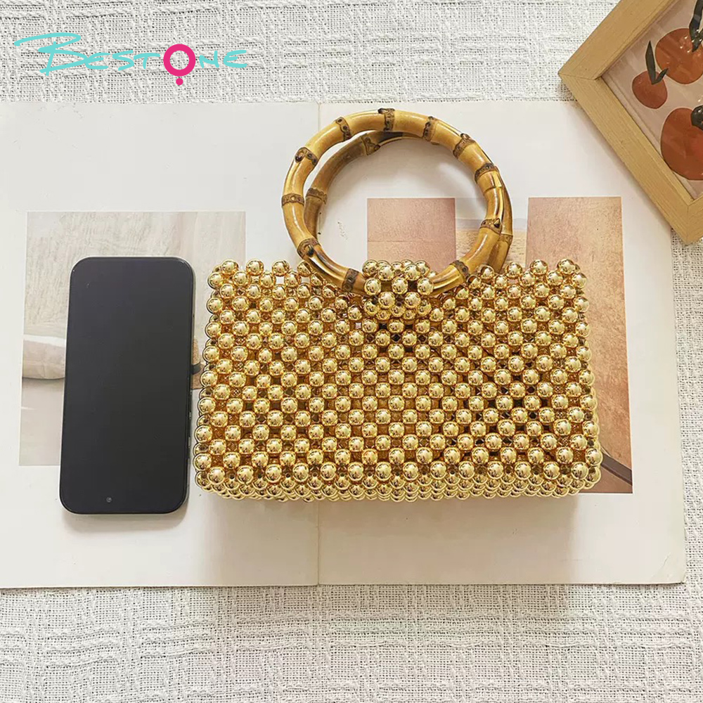 Beaded Top Handle & Crossbody Bag – Rectangular, Acrylic/Faux Pearl Beads, 20–20.5×6–8×11–12cm, Multi Colors