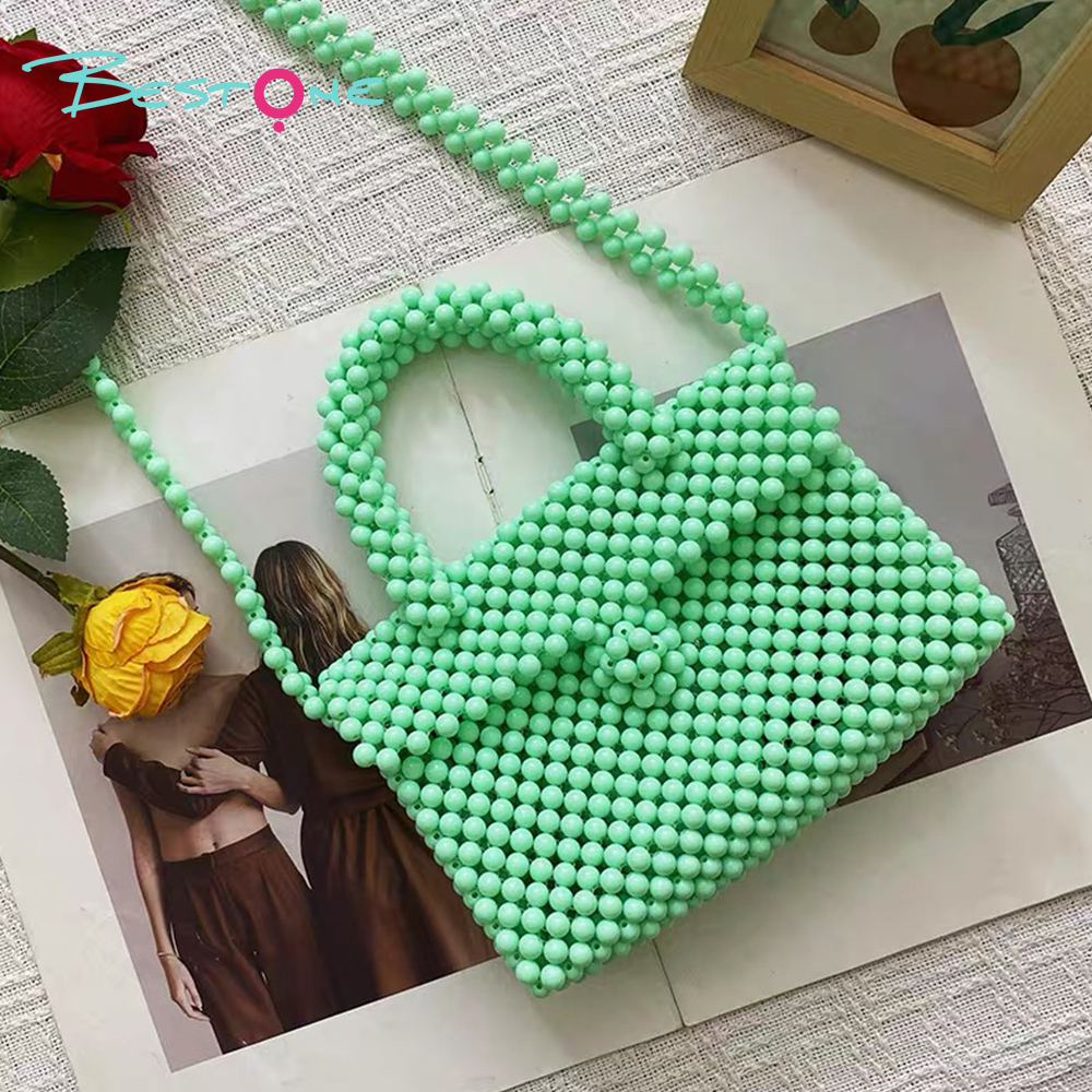 Beaded Top Handle & Crossbody Bag – Rectangular, Acrylic/Faux Pearl Beads, 20–20.5×6–8×11–12cm, Multi Colors