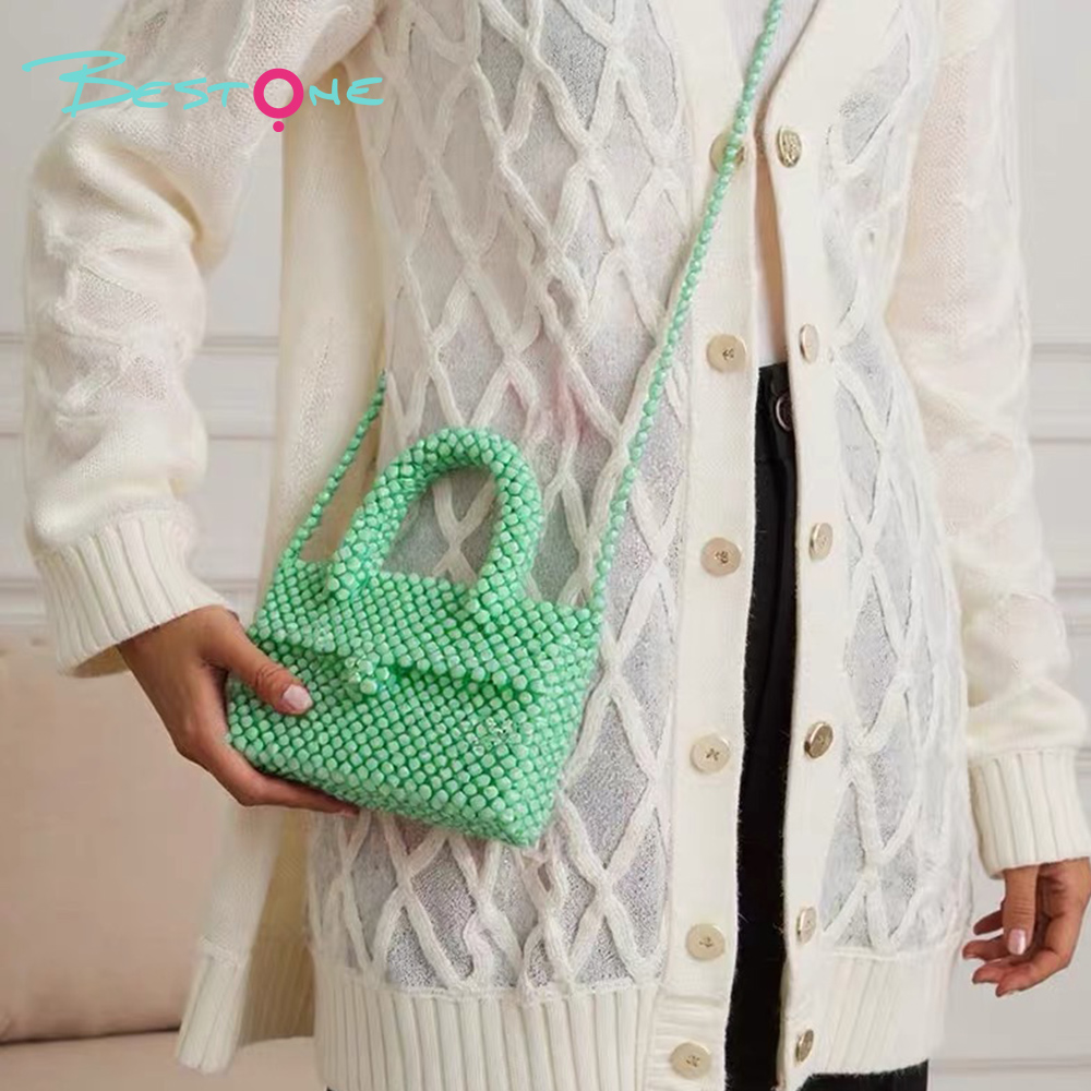 Beaded Top Handle & Crossbody Bag – Rectangular, Acrylic/Faux Pearl Beads, 20–20.5×6–8×11–12cm, Multi Colors